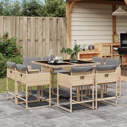 9-Piece Garden Dining Set with Cushions Mix Beige Poly Rattan Wicker Outdoor Patio Furniture - Image 6