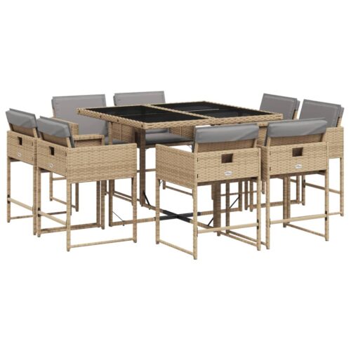 9-Piece Garden Dining Set with Cushions Mix Beige Poly Rattan Wicker Outdoor Patio Furniture
