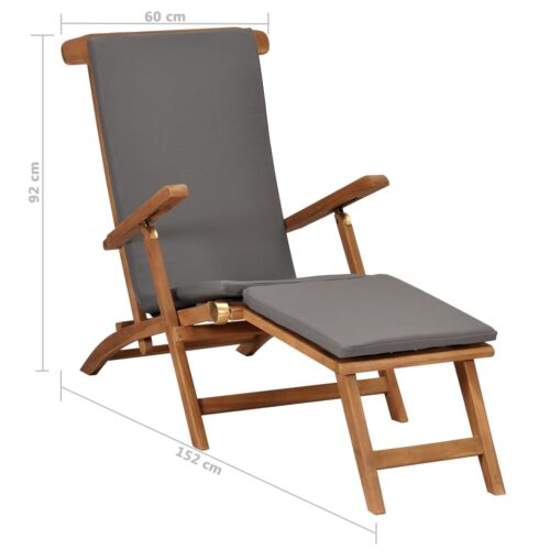 Deck Chair with Cushion Dark Grey Solid Teak Wood - Image 8