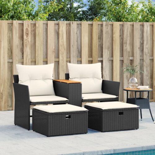 Garden Sofa 2-Seater with Stools Black Poly Rattan - Image 4