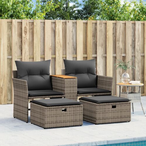 Garden Sofa 2-Seater with Stools Grey Poly Rattan - Image 3