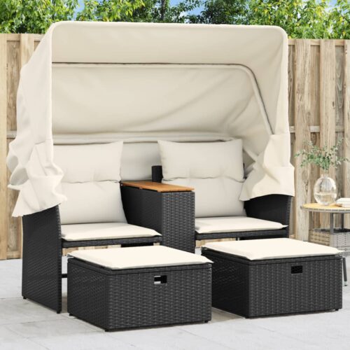 Garden Sofa 2-Seater with Canopy Stools Black Poly Rattan - Image 2