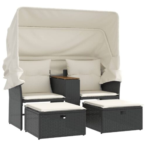 Garden Sofa 2-Seater with Canopy Stools Black Poly Rattan