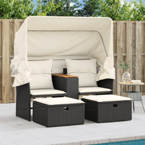 Garden Sofa 2-Seater with Canopy Stools Black Poly Rattan - Image 4