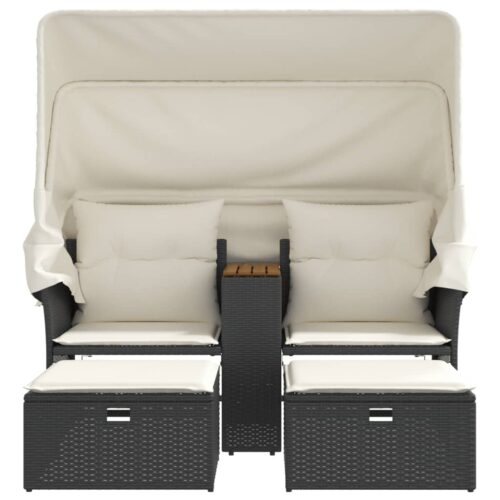 Garden Sofa 2-Seater with Canopy Stools Black Poly Rattan - Image 3