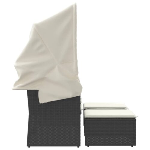 Garden Sofa 2-Seater with Canopy Stools Black Poly Rattan - Image 5