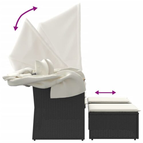 Garden Sofa 2-Seater with Canopy Stools Black Poly Rattan - Image 7