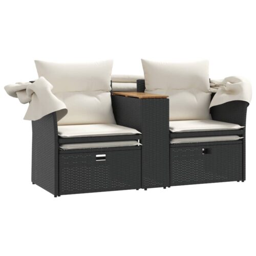Garden Sofa 2-Seater with Canopy Stools Black Poly Rattan - Image 8