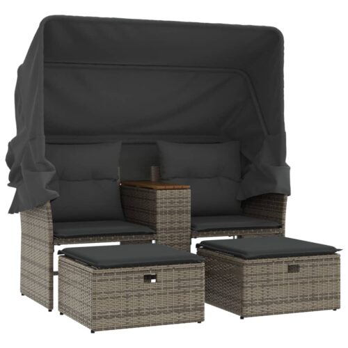 Garden Sofa 2-Seater with Canopy Stools Grey Poly Rattan