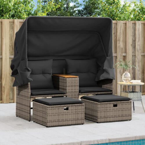 Garden Sofa 2-Seater with Canopy Stools Grey Poly Rattan - Image 3