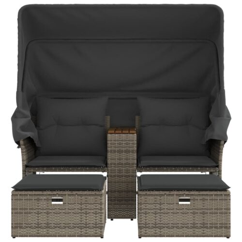 Garden Sofa 2-Seater with Canopy Stools Grey Poly Rattan - Image 4