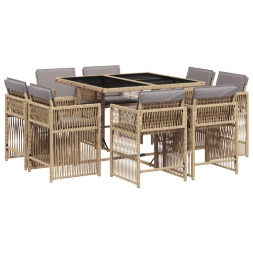 9-Piece Garden Dining Set with Cushions Mix Beige Poly Rattan Wicker Outdoor Patio Furniture