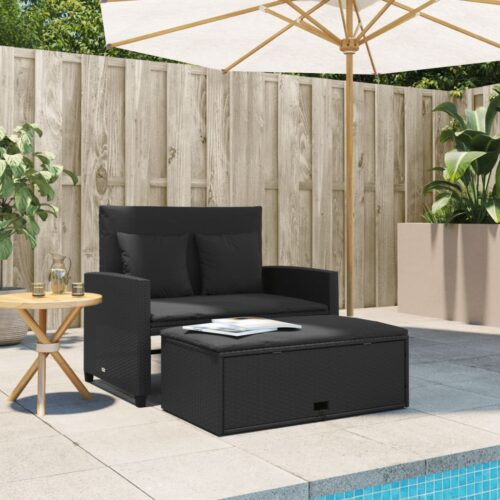 Garden Sofa with Cushions 2-Seater Black Poly Rattan - Image 3
