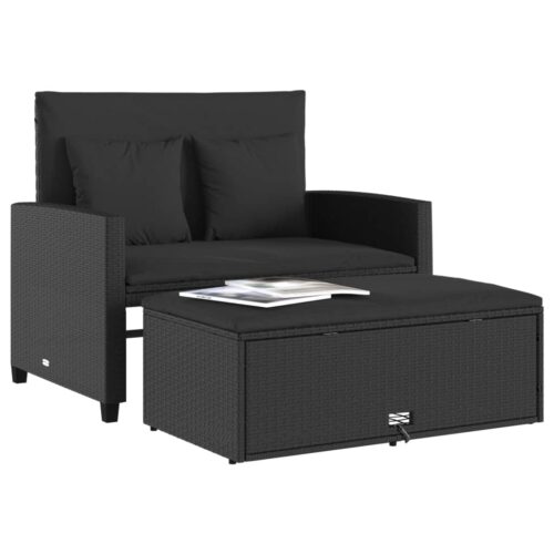 Garden Sofa with Cushions 2-Seater Black Poly Rattan - Image 4