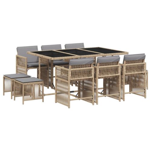 11-Piece Garden Dining Set with Cushions Mix Beige Poly Rattan