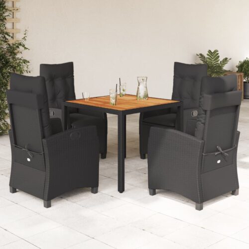5-Piece Garden Dining Set with Cushions Black Poly Rattan - Image 12