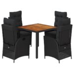 5-Piece Garden Dining Set with Cushions Black Poly Rattan Wicker Outdoor Patio Furniture