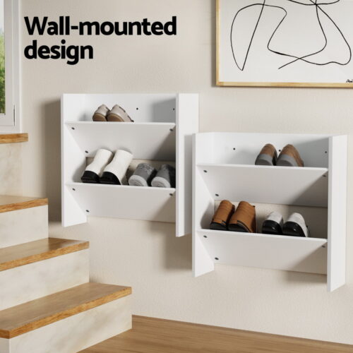 Artiss Shoe Rack 2-tier 12 Pairs Wall Mounted x2 - White - Image 4