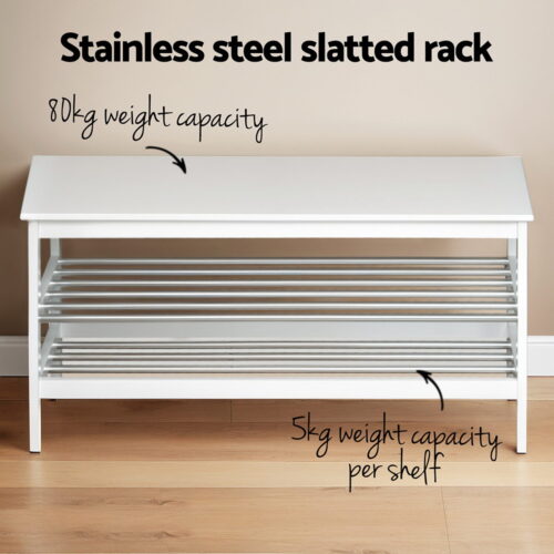 Artiss Shoe Rack Cabinet Bamboo Bench 10 Paris White - Image 6