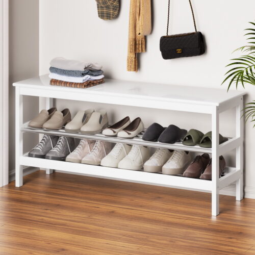 Artiss Shoe Rack Cabinet Bamboo Bench 10 Paris White - Image 7