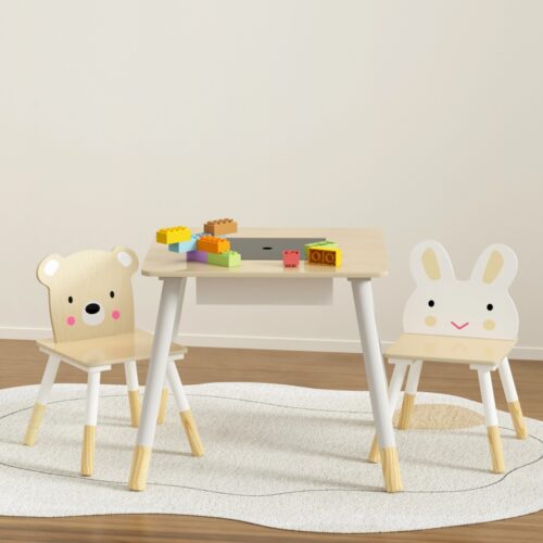 Keezi 3PCS Kids Table and Chairs Set Activity Desk Chalkboard Toy Hidden Storage - Image 7