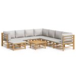 9-Piece Garden Lounge Set with Light Grey Cushions Bamboo
