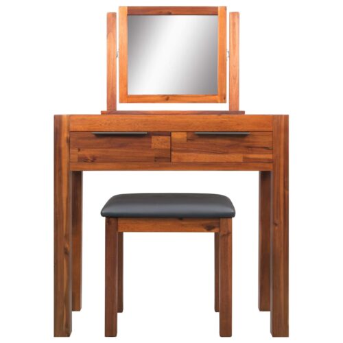 Dressing Table Set with Stool Mirror Solid Acacia Wood - Image 2