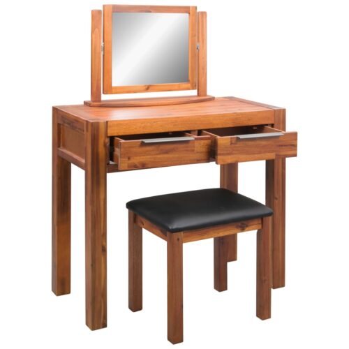 Dressing Table Set with Stool Mirror Solid Acacia Wood - Image 4