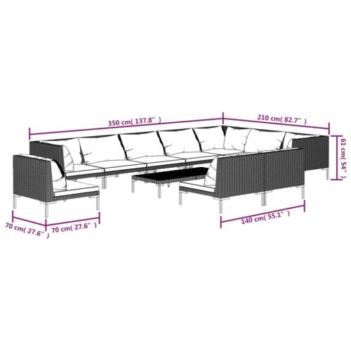 11-Piece Garden Lounge Set with Cushions Poly Rattan Wicker Outdoor Patio Furniture Dark Grey - Image 9