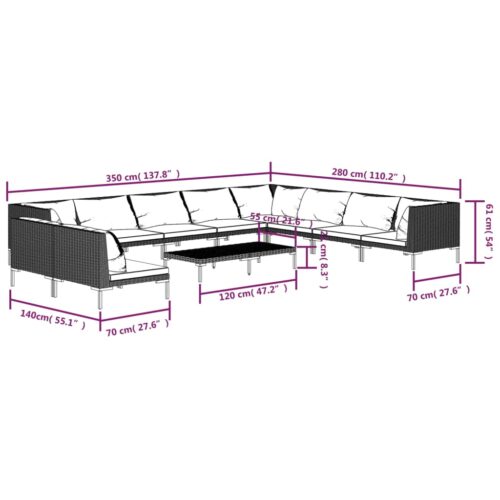 11-Piece Garden Lounge Set with Cushions Poly Rattan Wicker Outdoor Patio Furniture Dark Grey - Image 9