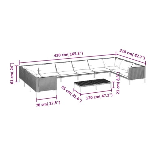 11-Piece Garden Lounge Set with Cushions Poly Rattan Wicker Outdoor Patio Furniture Dark Grey - Image 9