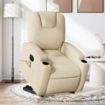 Lift Up Stand Fabric Recliner Massage Chair Lounge Sofa Armchair Massager Cream