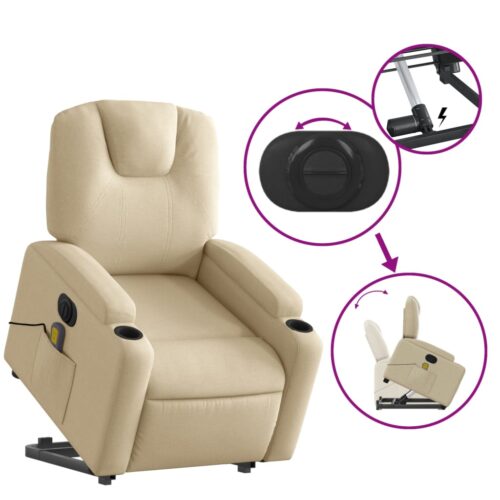 Lift Up Stand Fabric Recliner Massage Chair Lounge Sofa Armchair Massager Cream - Image 10