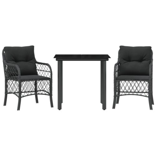 3-Piece Bistro Set with Cushions Black Poly Rattan Wicker Outdoor Patio Furniture