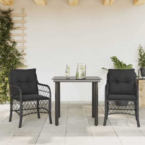 3-Piece Bistro Set with Cushions Black Poly Rattan Wicker Outdoor Patio Furniture - Image 2