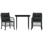 3-Piece Bistro Set with Cushions Black Poly Rattan Wicker Outdoor Patio Furniture