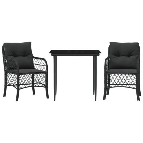 3-Piece Bistro Set with Cushions Black Poly Rattan Wicker Outdoor Patio Furniture