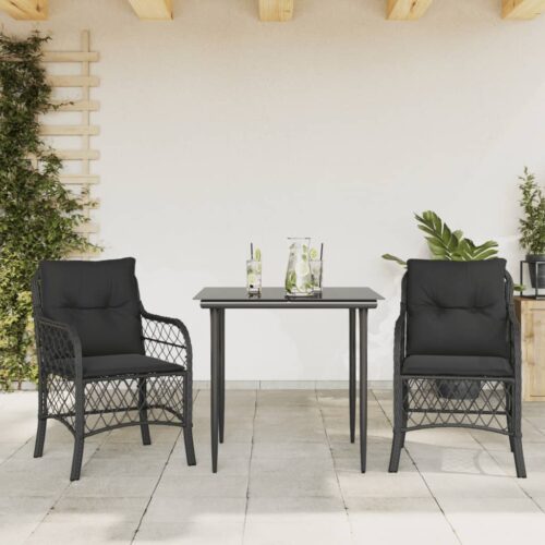 3-Piece Bistro Set with Cushions Black Poly Rattan Wicker Outdoor Patio Furniture - Image 2