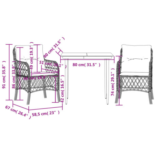 3-Piece Bistro Set with Cushions Black Poly Rattan Wicker Outdoor Patio Furniture - Image 7