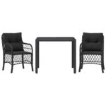 3-Piece Bistro Set with Cushions Black Poly Rattan Wicker Outdoor Patio Furniture