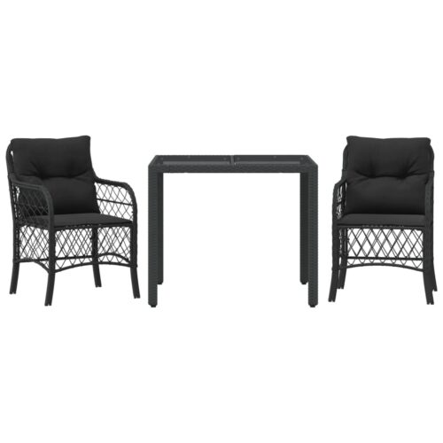 3-Piece Bistro Set with Cushions Black Poly Rattan Wicker Outdoor Patio Furniture