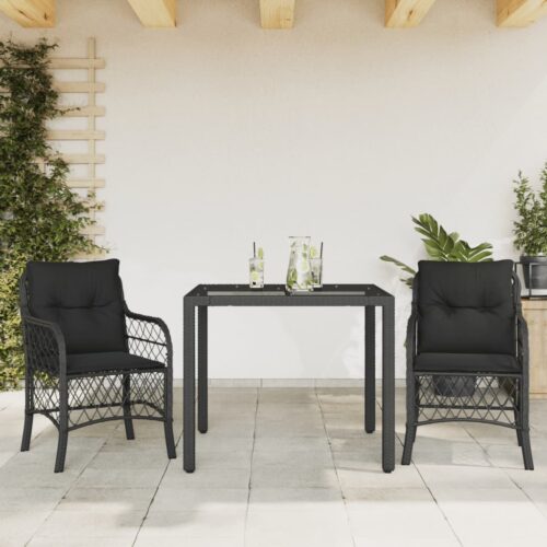 3-Piece Bistro Set with Cushions Black Poly Rattan Wicker Outdoor Patio Furniture - Image 2