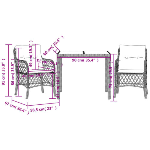 3-Piece Bistro Set with Cushions Black Poly Rattan Wicker Outdoor Patio Furniture - Image 7
