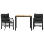 3-Piece Bistro Set with Cushions Black Poly Rattan Wicker Outdoor Patio Furniture
