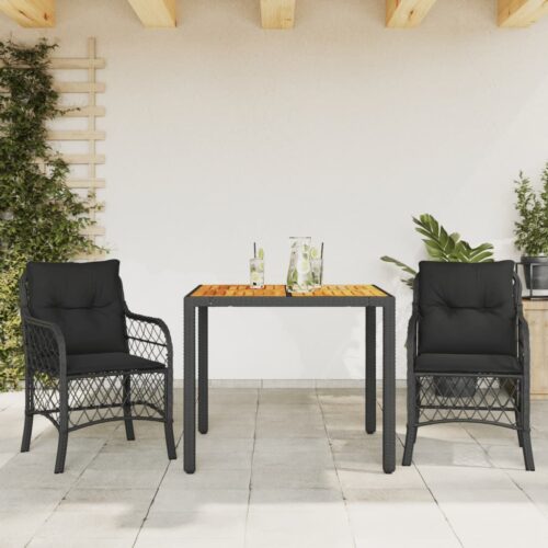 3-Piece Bistro Set with Cushions Black Poly Rattan Wicker Outdoor Patio Furniture - Image 2