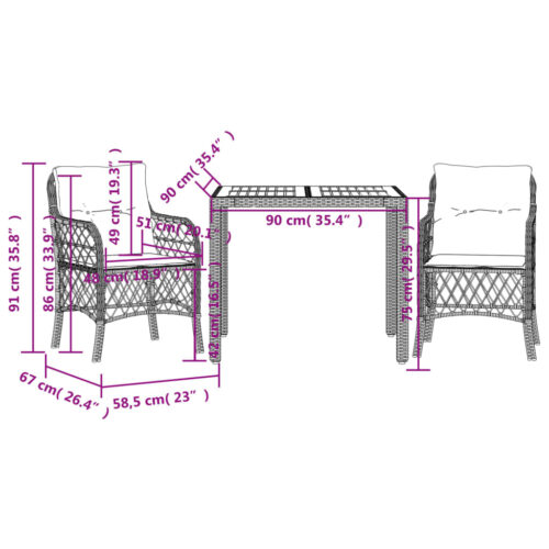 3-Piece Bistro Set with Cushions Black Poly Rattan Wicker Outdoor Patio Furniture - Image 7
