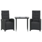 3-Piece Bistro Set with Cushions Black Poly Rattan Wicker Outdoor Patio Furniture