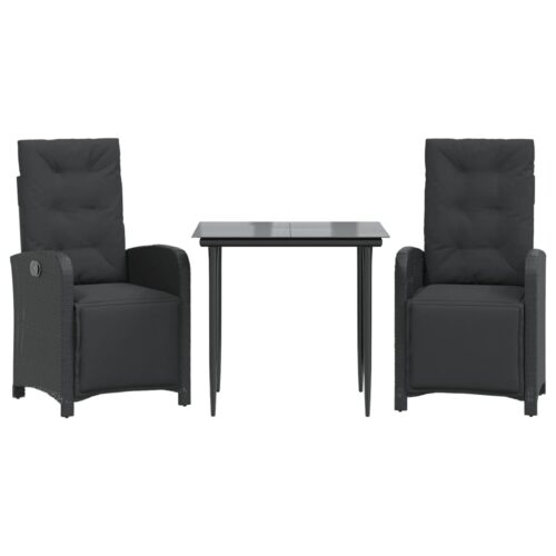 3-Piece Bistro Set with Cushions Black Poly Rattan Wicker Outdoor Patio Furniture
