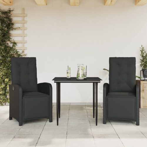 3-Piece Bistro Set with Cushions Black Poly Rattan Wicker Outdoor Patio Furniture - Image 2