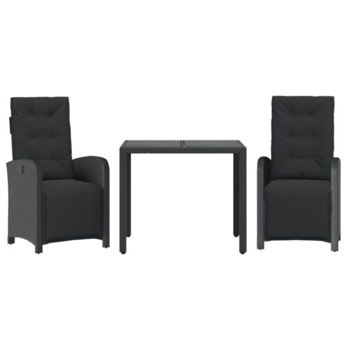 3-Piece Bistro Set with Cushions Black Poly Rattan Wicker Outdoor Patio Furniture
